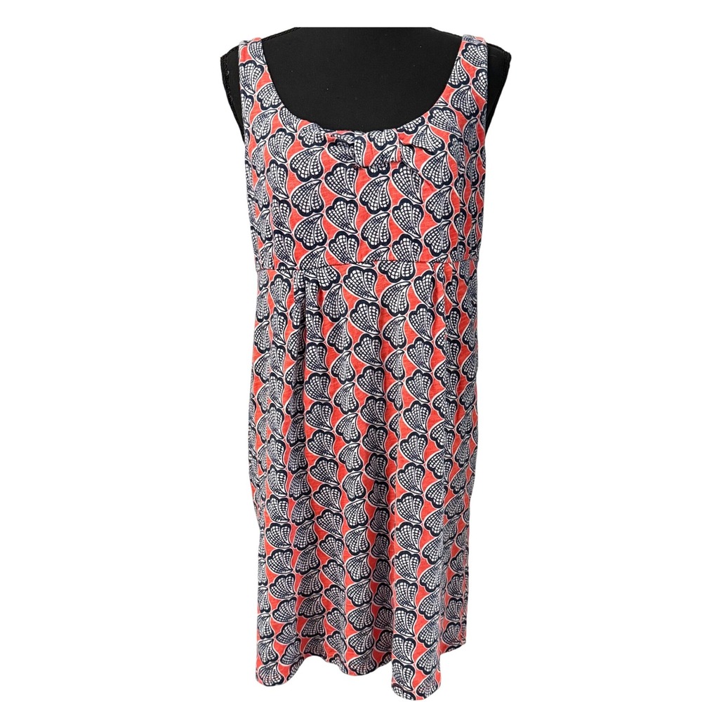 Boden Womens Shell Print Cotton Jersey Empire Waist Bow Dress Coral Navy US 6R